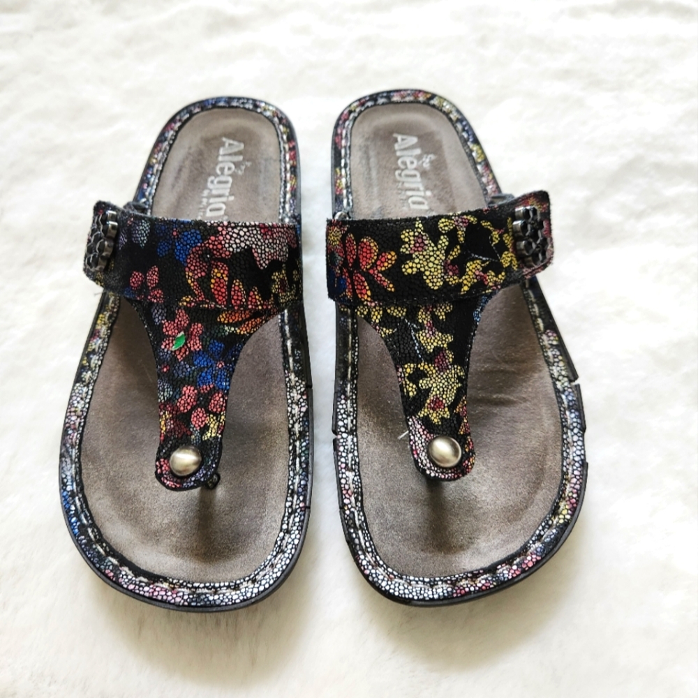 Alegria Carina Flip Flop Comfort Sandals Leather Floral Print Size 36/6